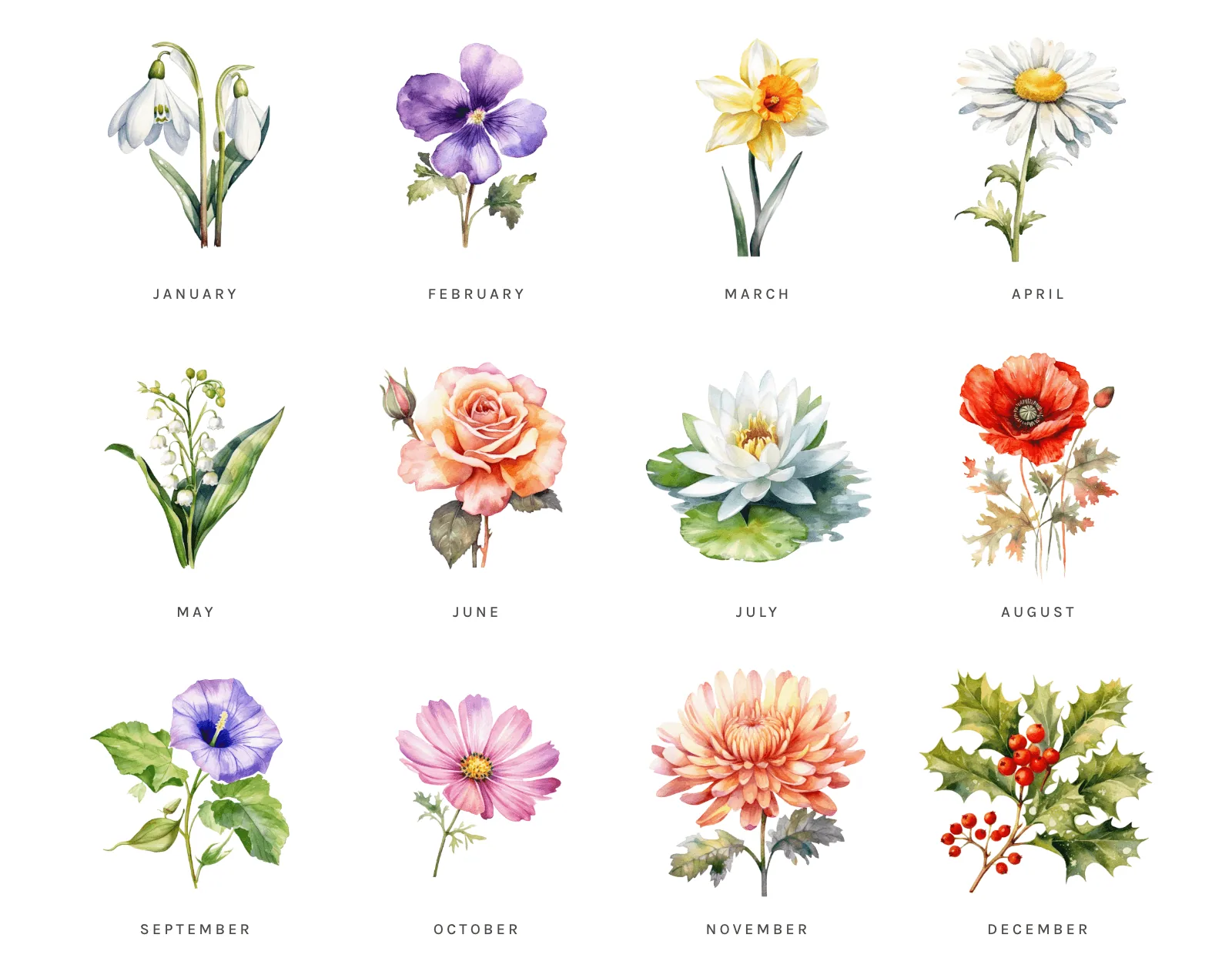 All twelve birth flowers in one grid: snowdrop, violet, daffodil, daisy, lily of the valley, rose, water lily, poppy, morning glory, cosmos, chrysanthemum and holly.